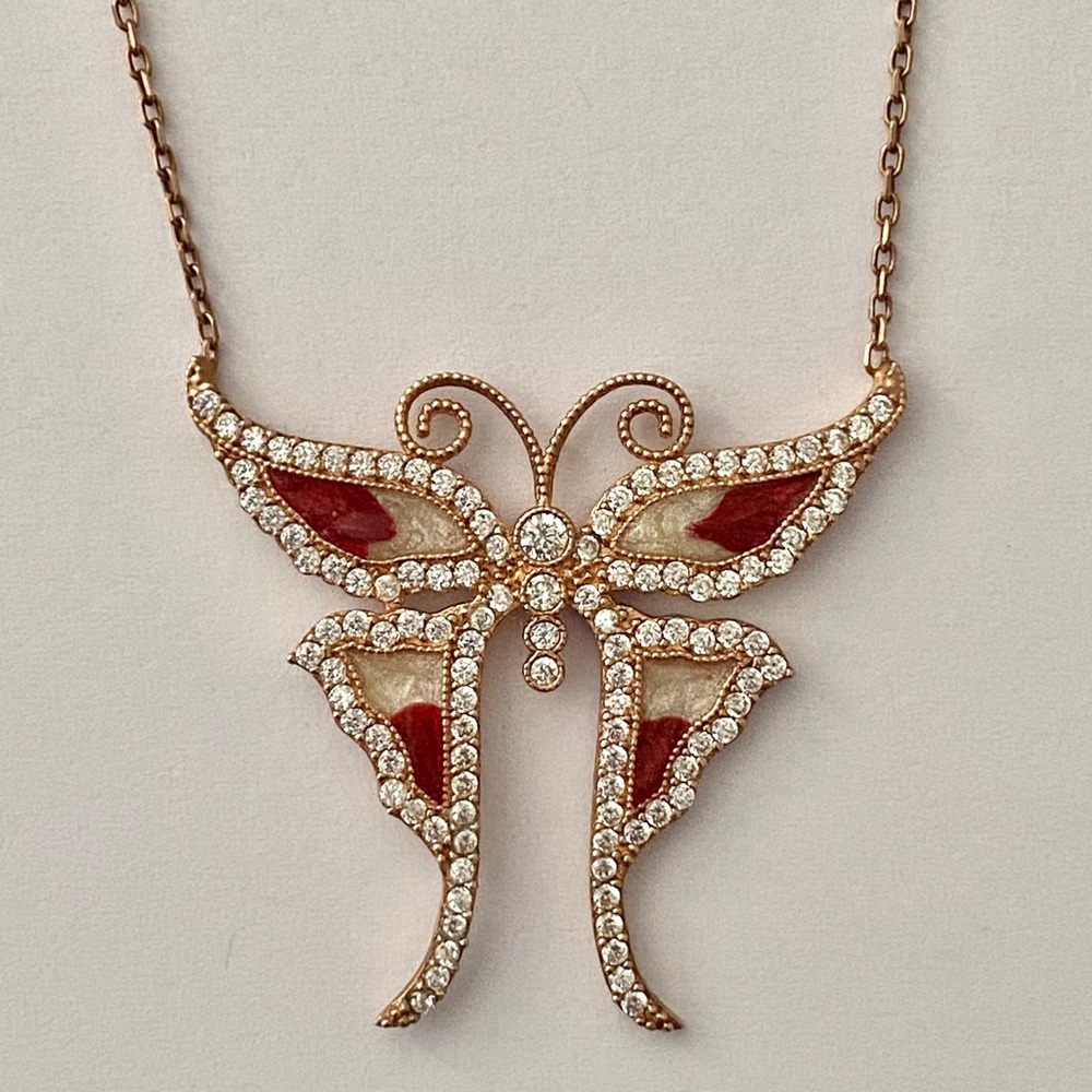 Butterfly rose gold over 925 silver cz necklace